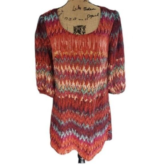 Lily Rose Boutique  Orange Bohemian Zig Zag Pattern Mini Dress XS - Picture 1 of 5